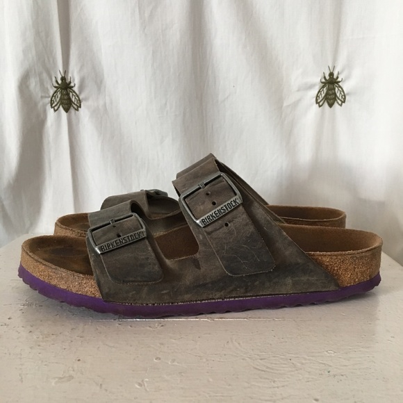 Birkenstock Shoes - Birkenstock Sandals Grey Leather Purple Sole, 39